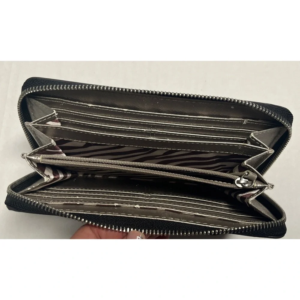 Dana Buchman Black Saffiano Zip Wallet Metallic Silver Interior Zebra Stripe